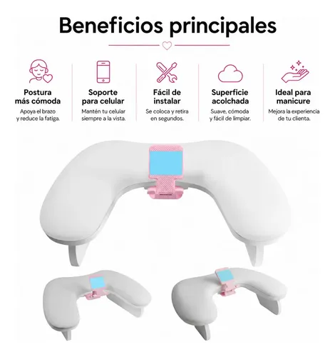 Posa Manos Apoya Brazos Anatómico Manicure +soporte Teléfono Blanco - Imagen 6