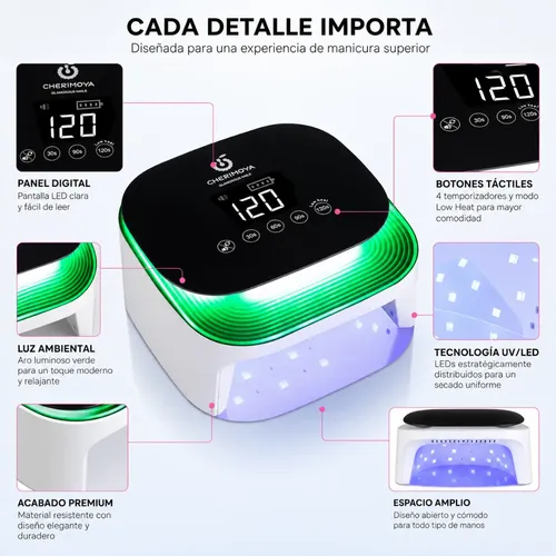 Lámpara Profesional Uv/led 72w Inalámbrica De Uñas Cherimoya Blanco - Imagen 6