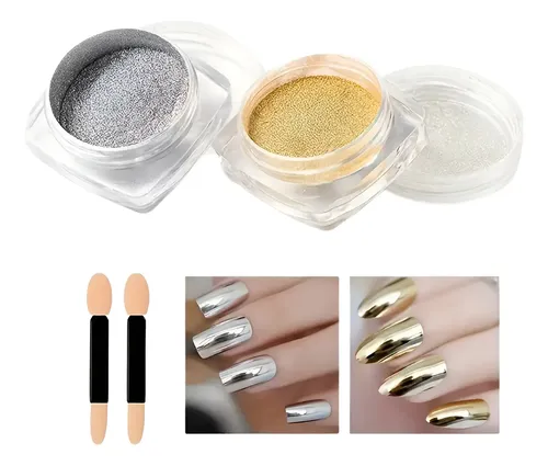 Polvo Efecto Espejo Pack 2 Unidades Decoracion De Uñas Plateado Y Dorado
