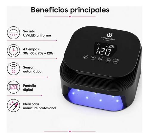 Lámpara Profesional Uv/led 72w Inalámbrica De Uñas Cherimoya Negro - Imagen 3