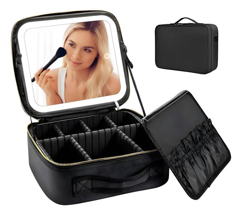 Maleta Neceser De Maquillaje Con Espejo Led Y Luz Portátil Negro