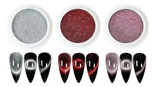Pack 3 Polvo Efecto Ojo De Gato Magnetico Decoracion En Uñas Pack 3 Colores Rojo Rosa Plata