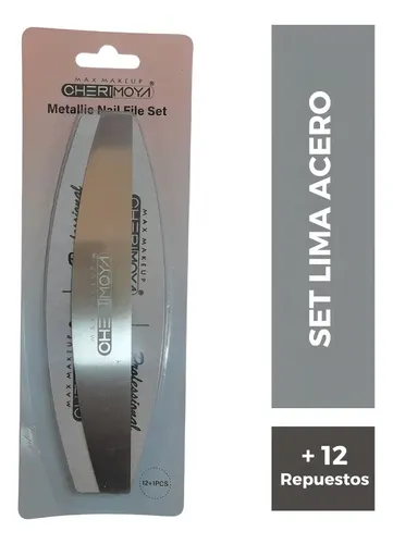 Lima De Acero Cherimoya + 12 Repuestos Adhesivos Manicure Plateado Liso