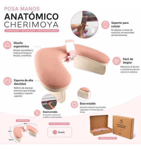 Posa Manos Apoya Brazos Anatómico Manicure +soporte Teléfono Rosado - Imagen 2