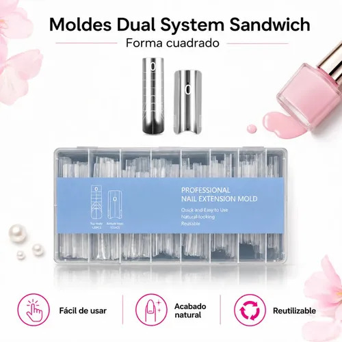 Moldes Tips Uñas Dual System Sandwich Para Polygel 240 Pzs Cuadrada Medium - Imagen 8