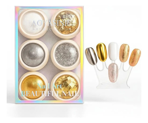 Pack 6 Efectos Para Decoración De Uñas Oro Espejo Perla Flak
