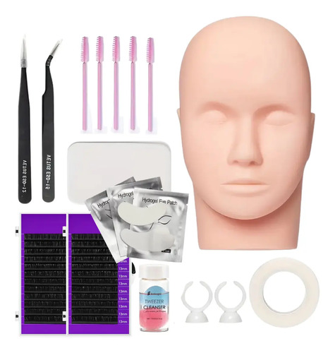 Kit Extensiones De Pestañas + Cabeza De Practica + Parches Negro