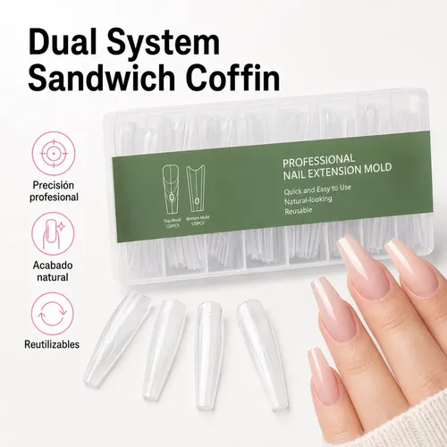 Moldes Tips Uñas Dual System Sandwich Para Polygel 240 Coffin Medium - Imagen 6