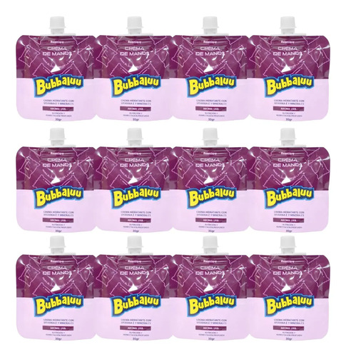 Pack X12 Mini Crema De Manos Bubbaluu Hidratante Sachet 30gr Uva