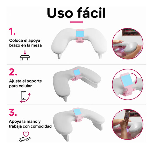 Posa Manos Apoya Brazos Anatómico Manicure +soporte Teléfono Blanco - Imagen 3