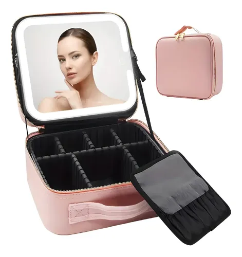 Maleta Neceser De Maquillaje Con Espejo Led Y Luz Portátil Rosa