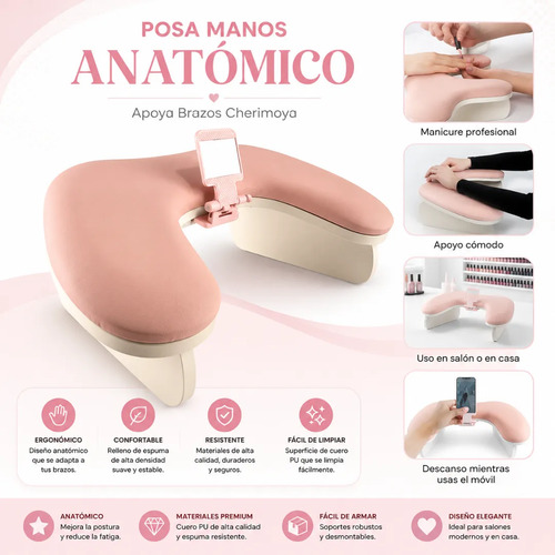 Posa Manos Apoya Brazos Anatómico Manicure +soporte Teléfono Rosado - Imagen 4