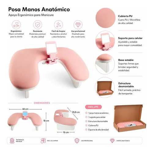 Posa Manos Apoya Brazos Anatómico Manicure +soporte Teléfono Rosado - Imagen 5