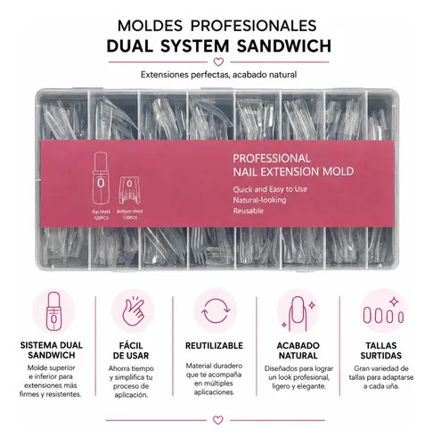 Moldes Tips Uñas Dual System Sandwich Para Polygel 240 Pzs Coffin Cortas - Imagen 5