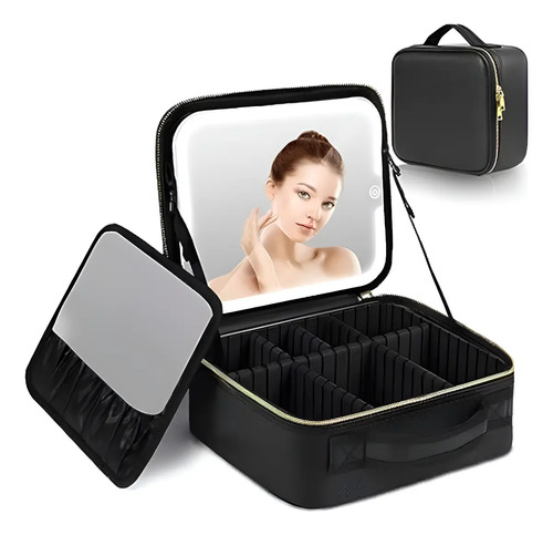 Maleta De Maquillaje Portátil Con Luz Led Espejo Organizador Negro