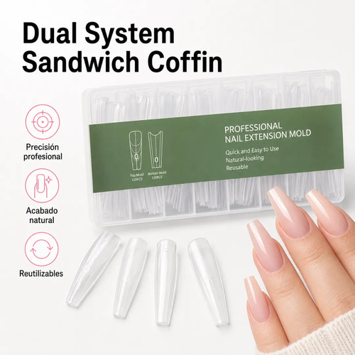Moldes Tips Uñas Dual System Sandwich Para Polygel 240 Coffin Medium - Imagen 2